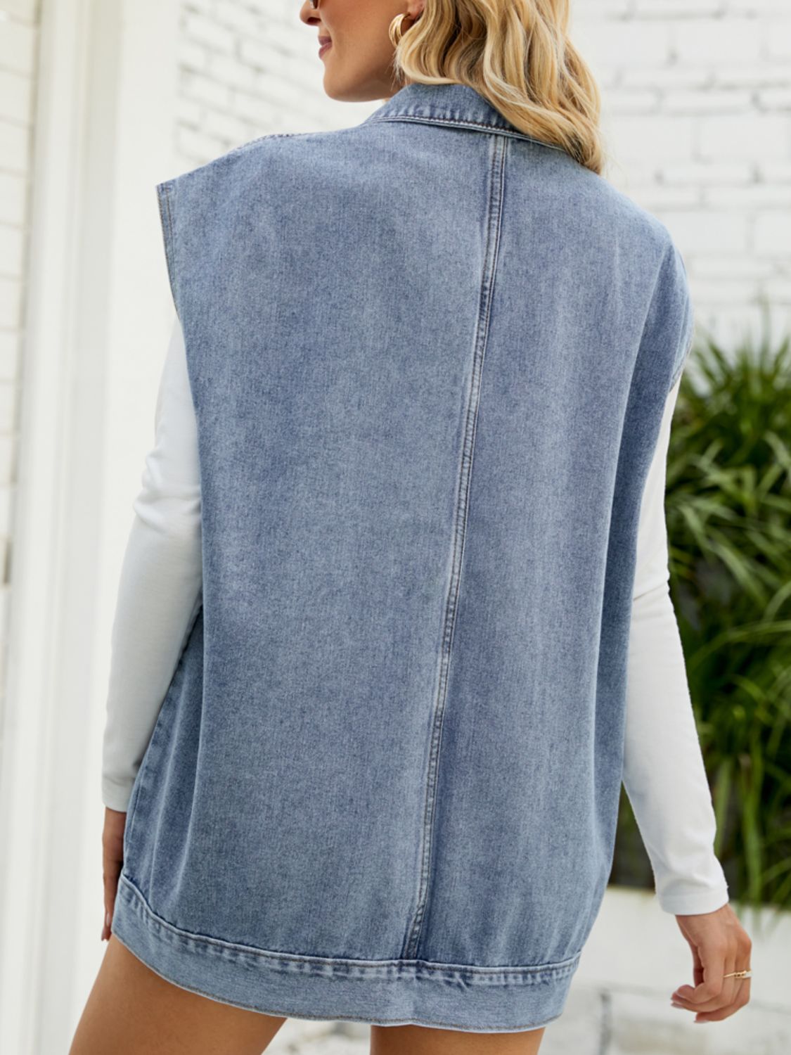 Light Slate Gray Collared Neck Sleeveless Denim Top with Pockets Denim