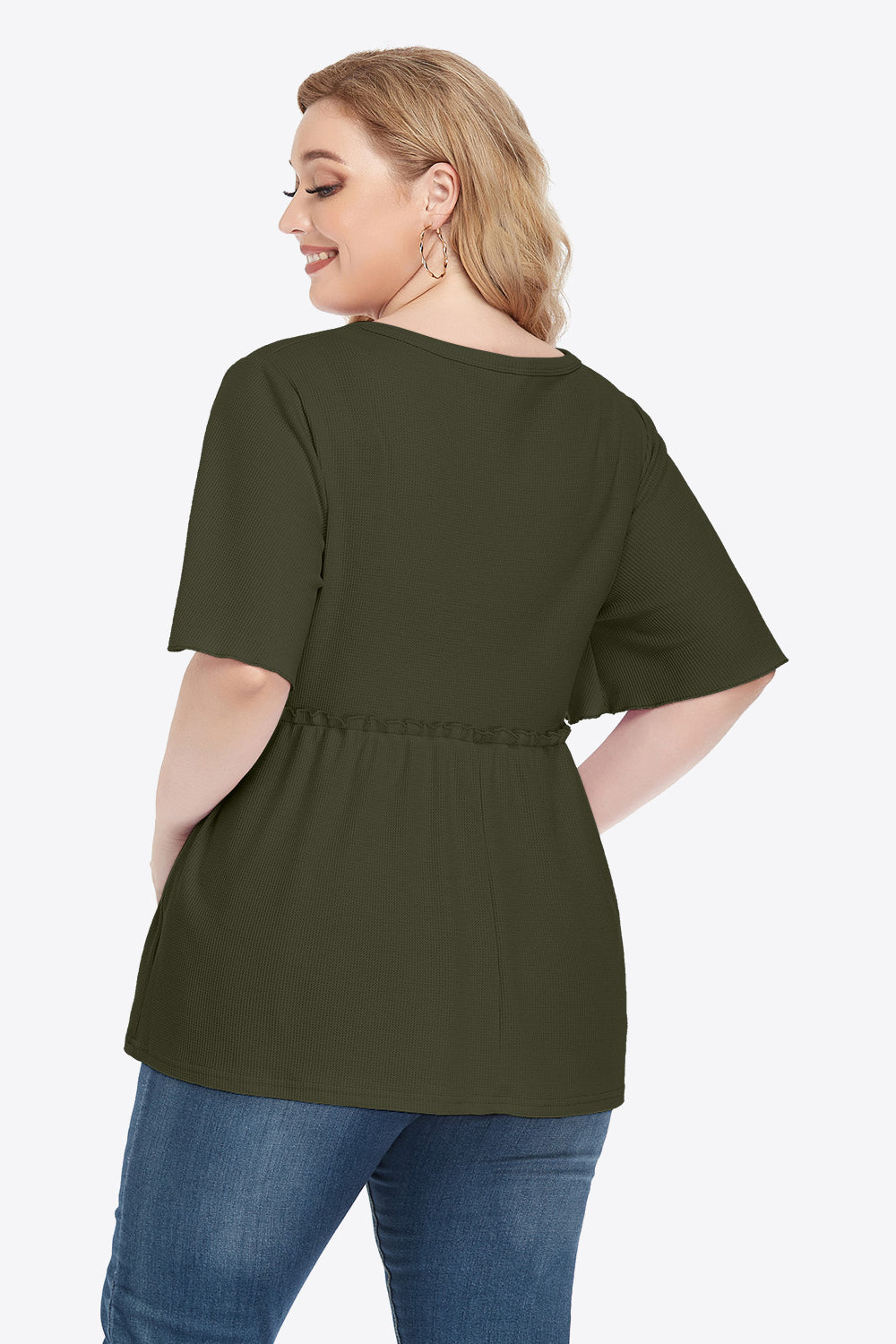 Dark Slate Gray Plus Size Buttoned V-Neck Frill Trim Babydoll Blouse Tops