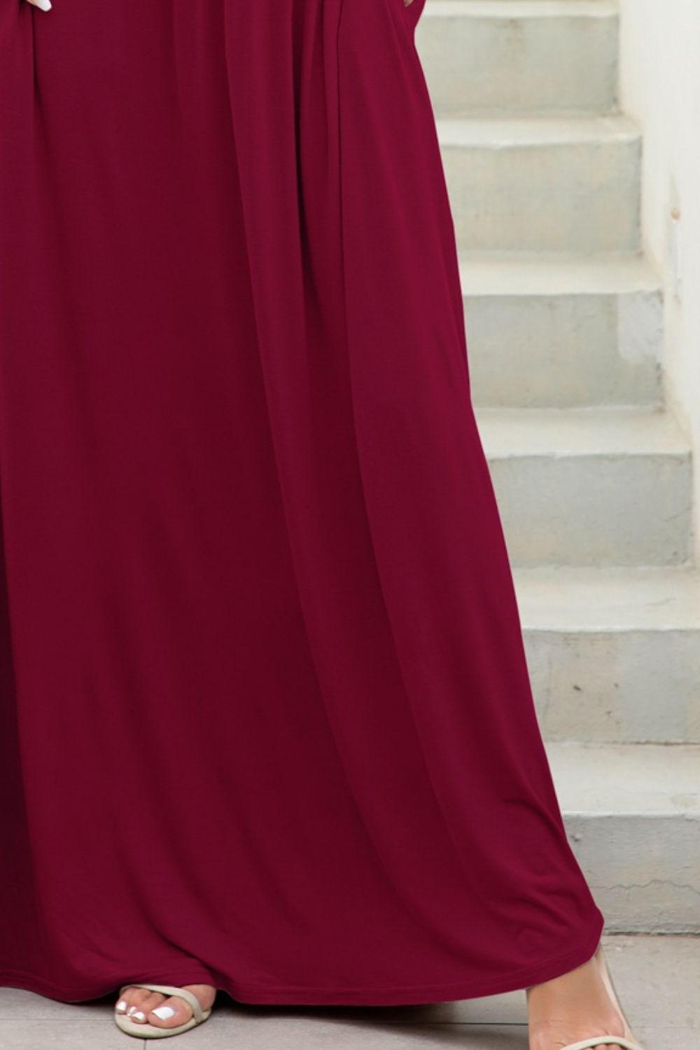 Dark Red Round Neck Maxi Tee Dress with Pockets