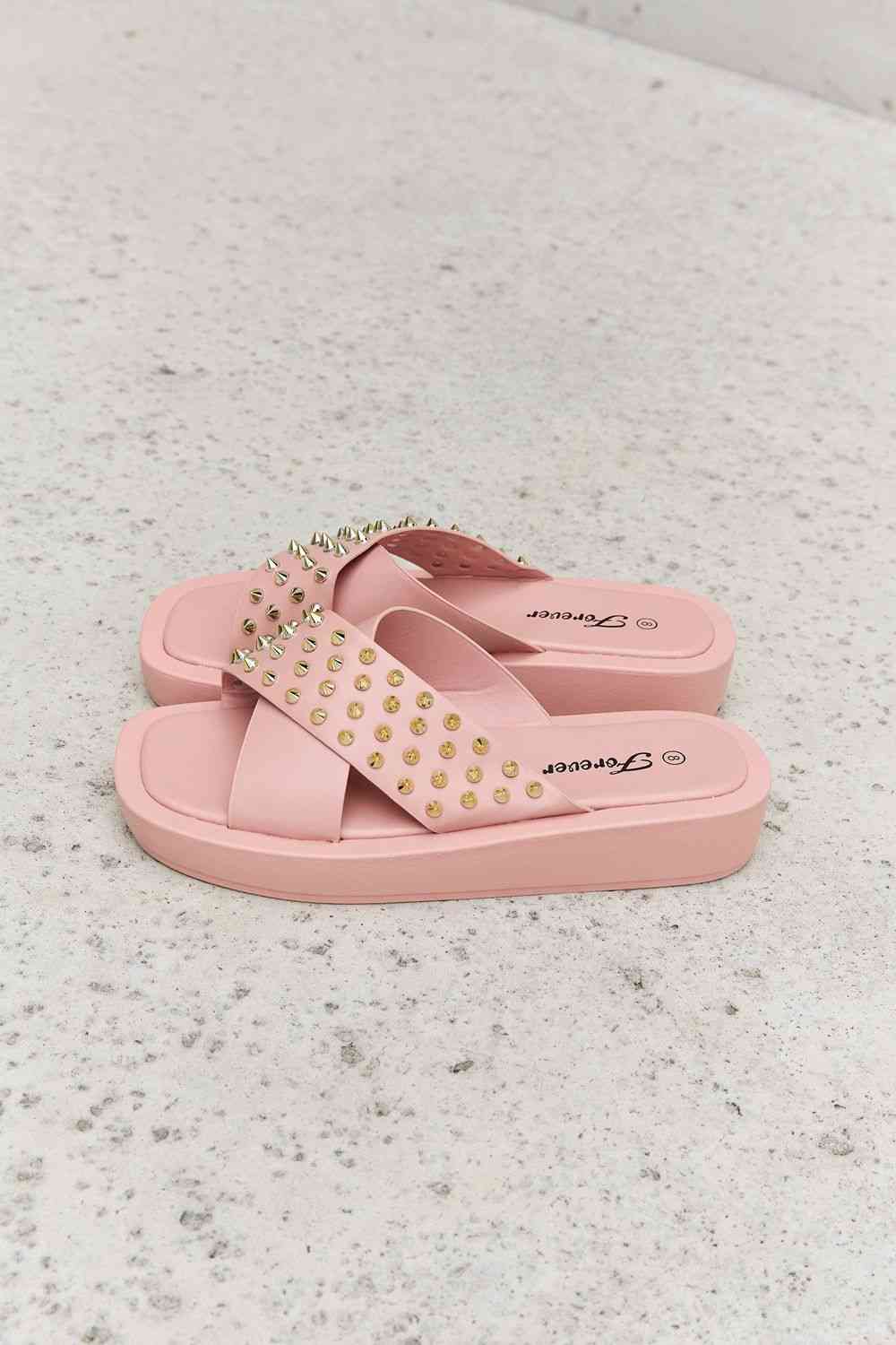 Light Gray Forever Link Studded Cross Strap Sandals in Blush Shoes