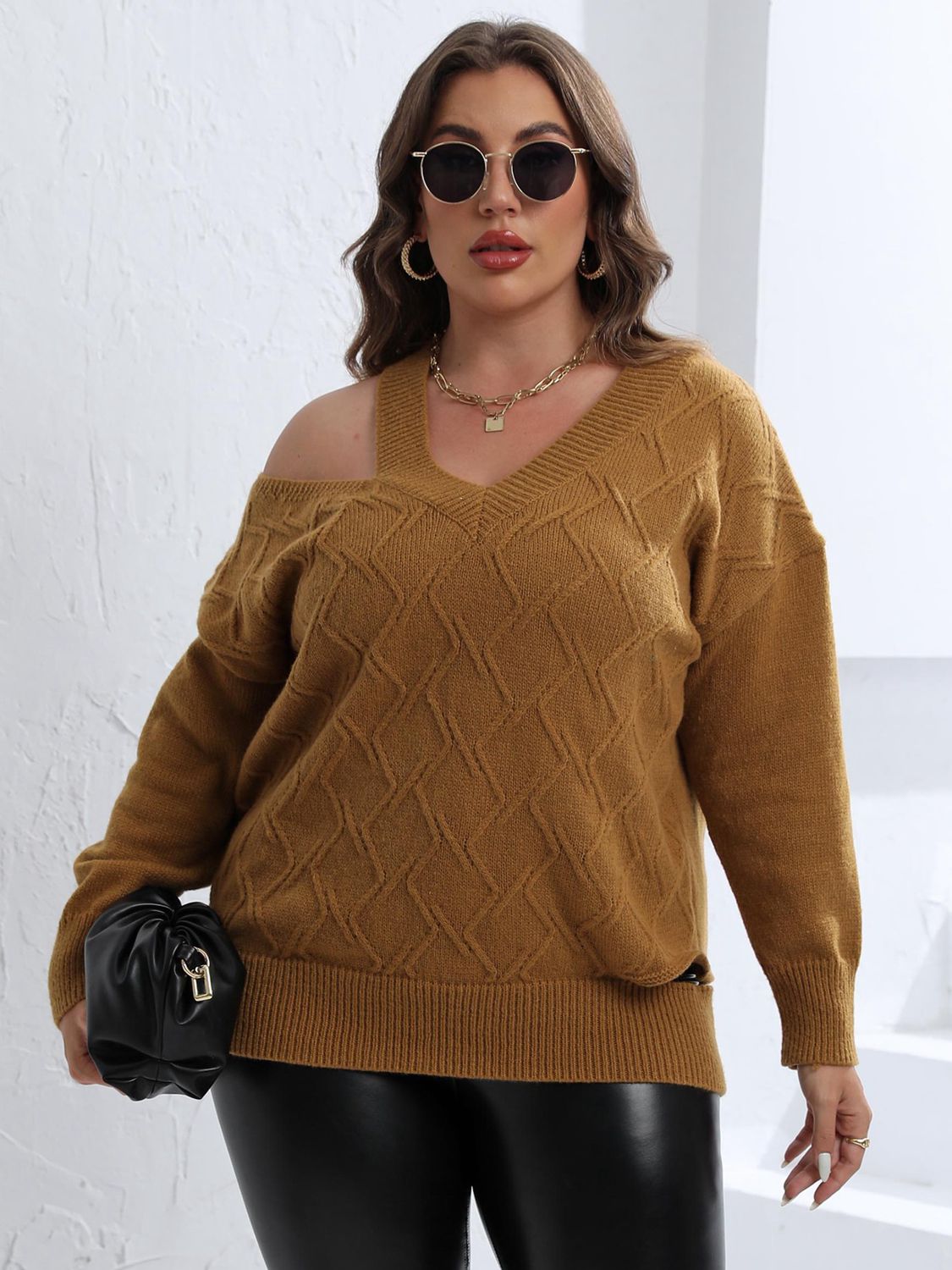 Light Gray Plus Size Cutout V-Neck Sweater Clothing