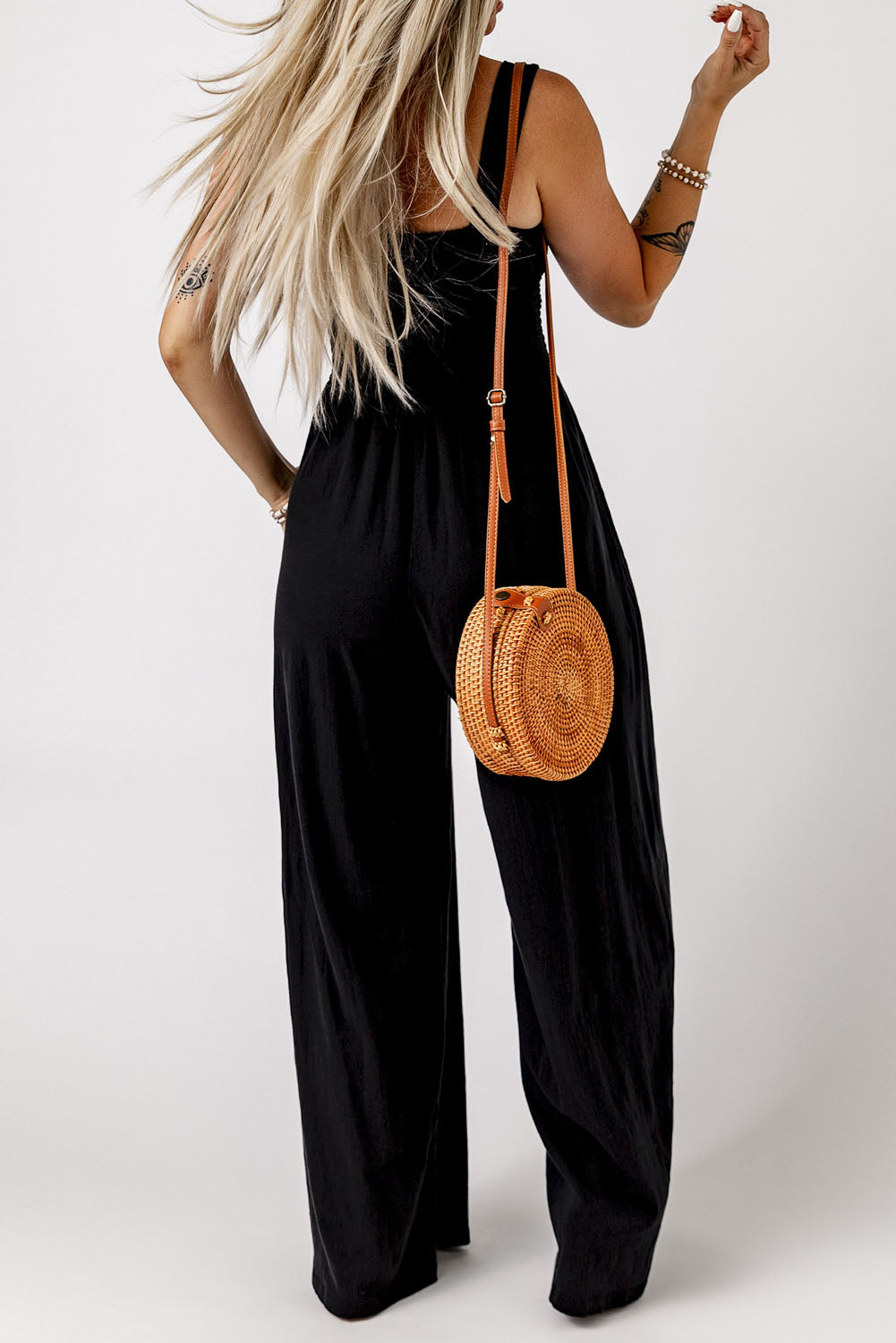 Black Walk Humbly Smocked Square Neck Wide Leg Jumpsuit with Pockets Jumpsuits & Rompers