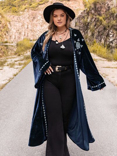 Black Plus Size Embroidery Open Front Long Sleeve Cardigan Plus Size Clothing