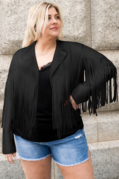 Gray Plus Size Fringe Open Front Jacket Plus Size Clothing