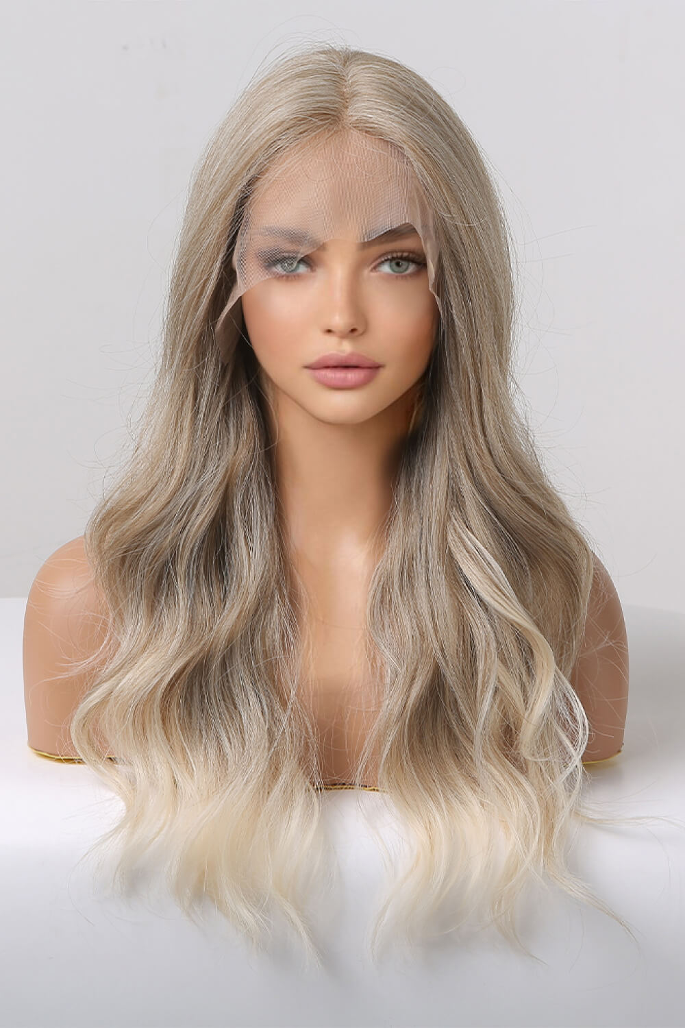 Light Gray Summer 13*2" Lace Front Wigs Synthetic Long Wave 24" 150% Density in Medium Blonde Highlights Wigs