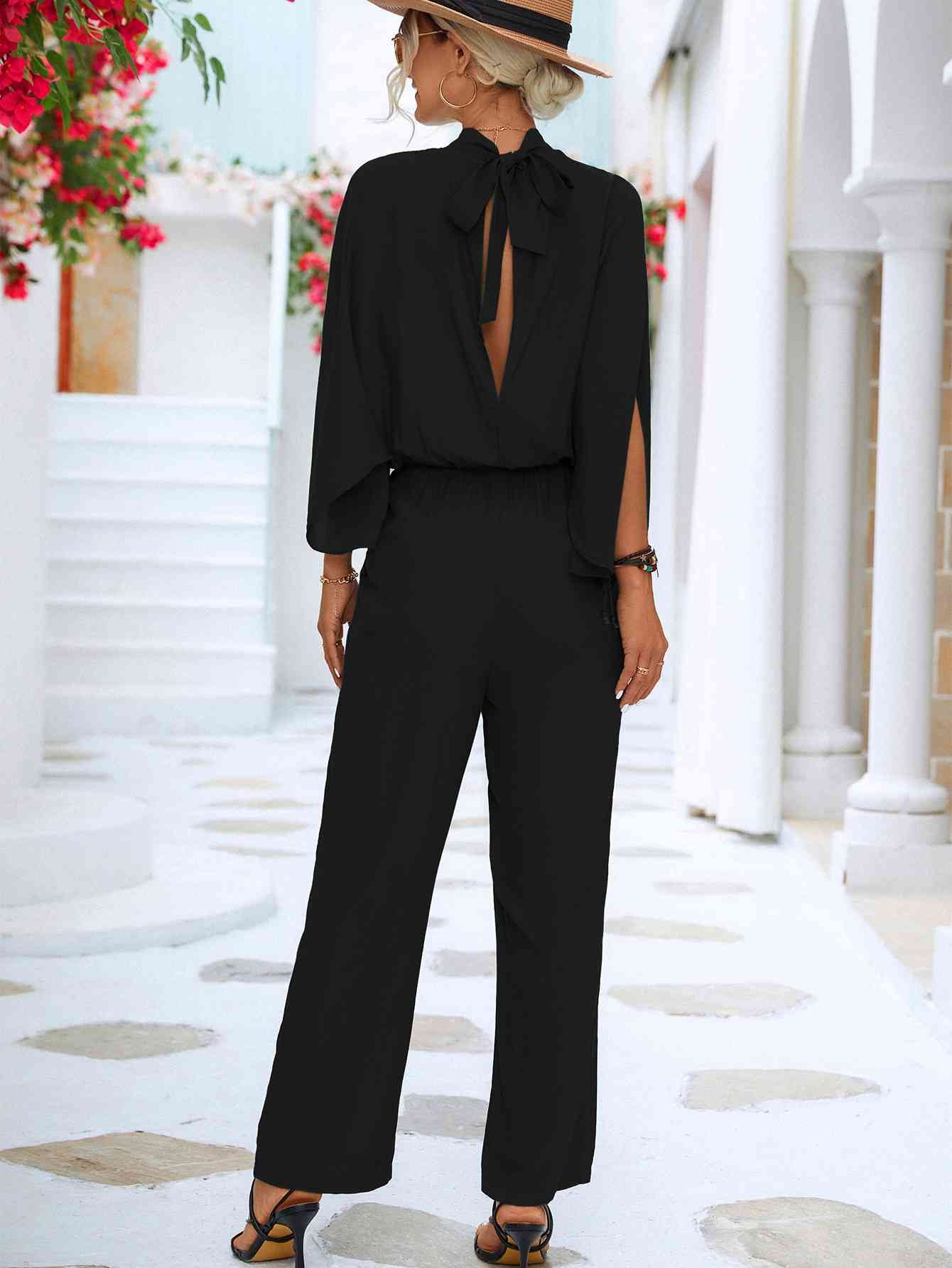 Black Tie Back Mock Neck Split Sleeve Jumpsuit Clothes