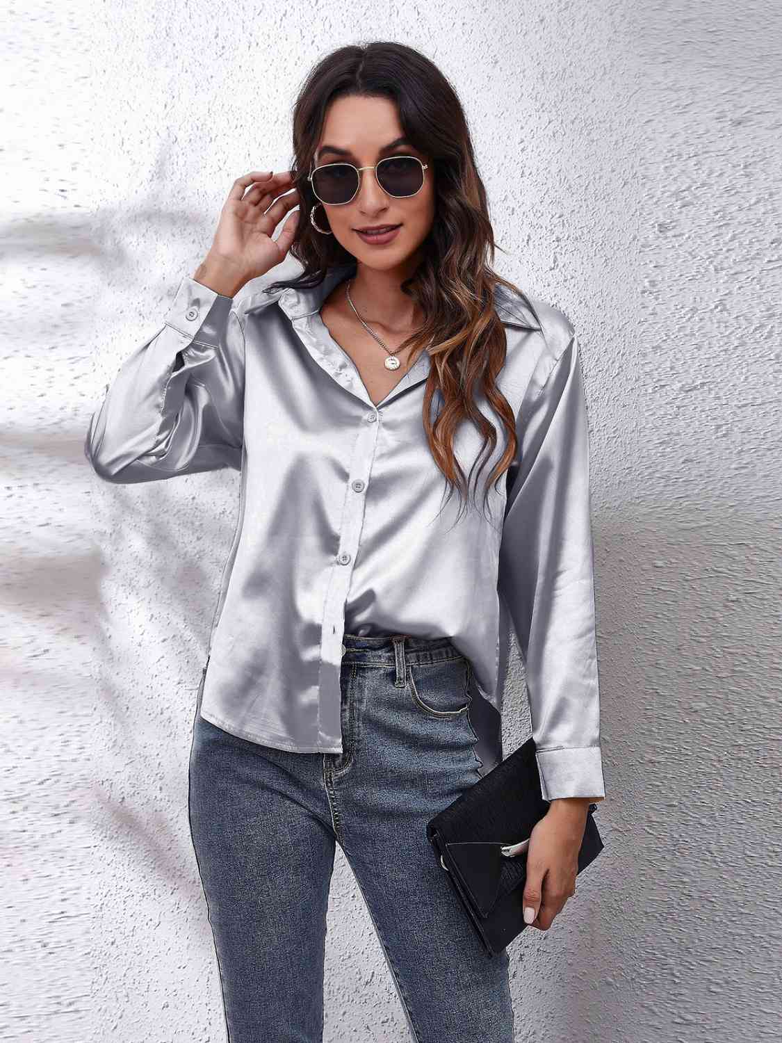 Light Gray Renaissance Collared Neck Buttoned Long Sleeve Shirt Long Sleeve Tops