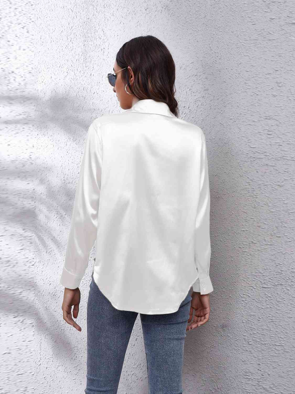 Light Gray That Girl Collared Neck Buttoned Long Sleeve Satin Shirt Long Sleeve Tops