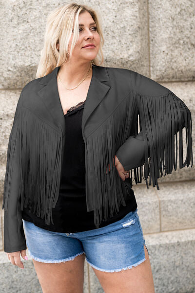 Gray Plus Size Fringe Open Front Jacket Plus Size Clothing