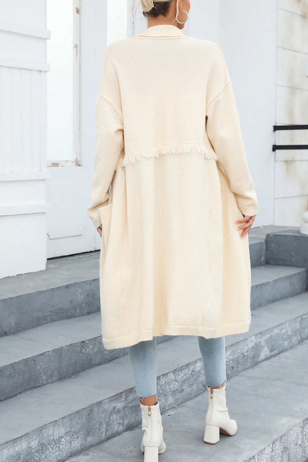 Light Gray Open Front Pocketed Cardigan Clothing