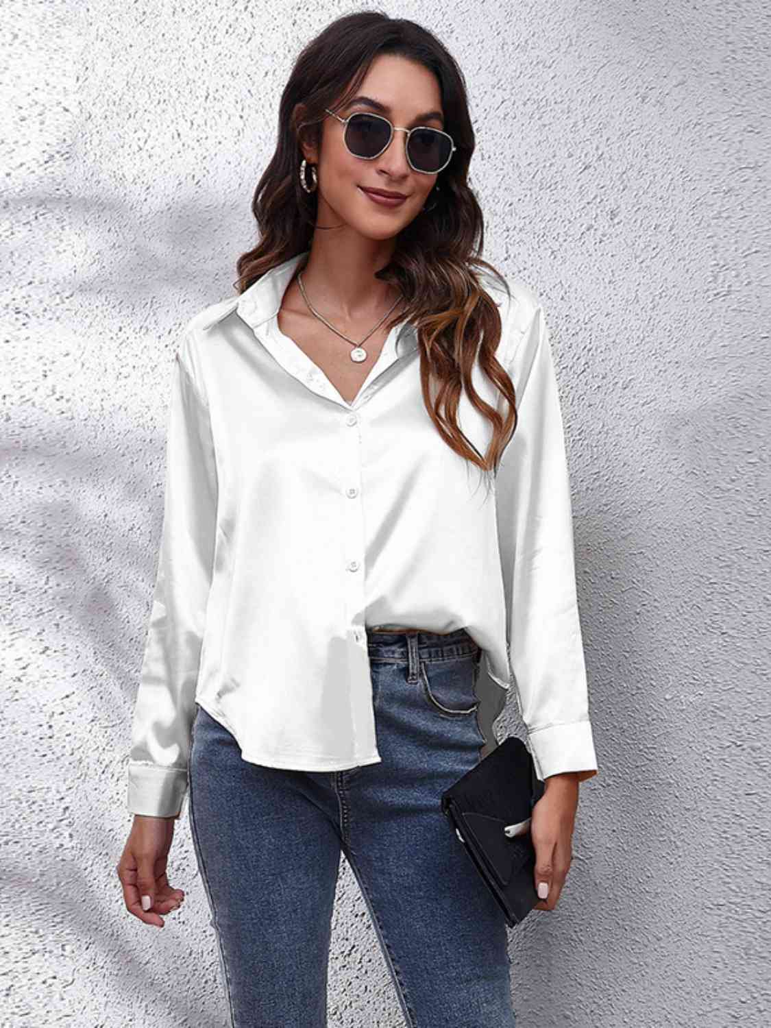 Light Gray That Girl Collared Neck Buttoned Long Sleeve Satin Shirt Long Sleeve Tops