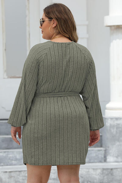 Gray Plus Size Ribbed Tie Front Long Sleeve Sweater Dress Plus Size Clothing