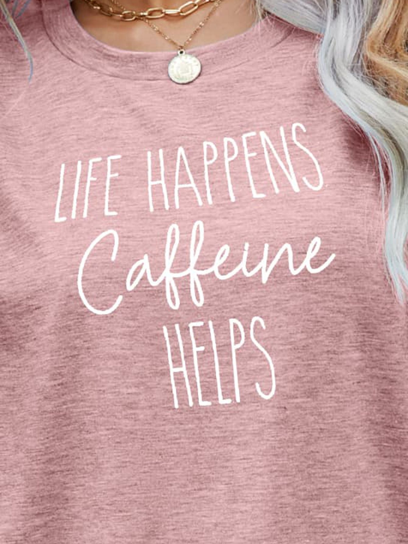 Tan LIFE HAPPENS CAFFEINE HELPS Graphic Tee Tops