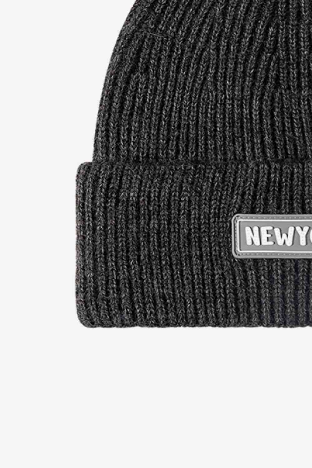 Dark Slate Gray NEWYORK Patch Rib-Knit Cuffed Beanie Winter Accessories