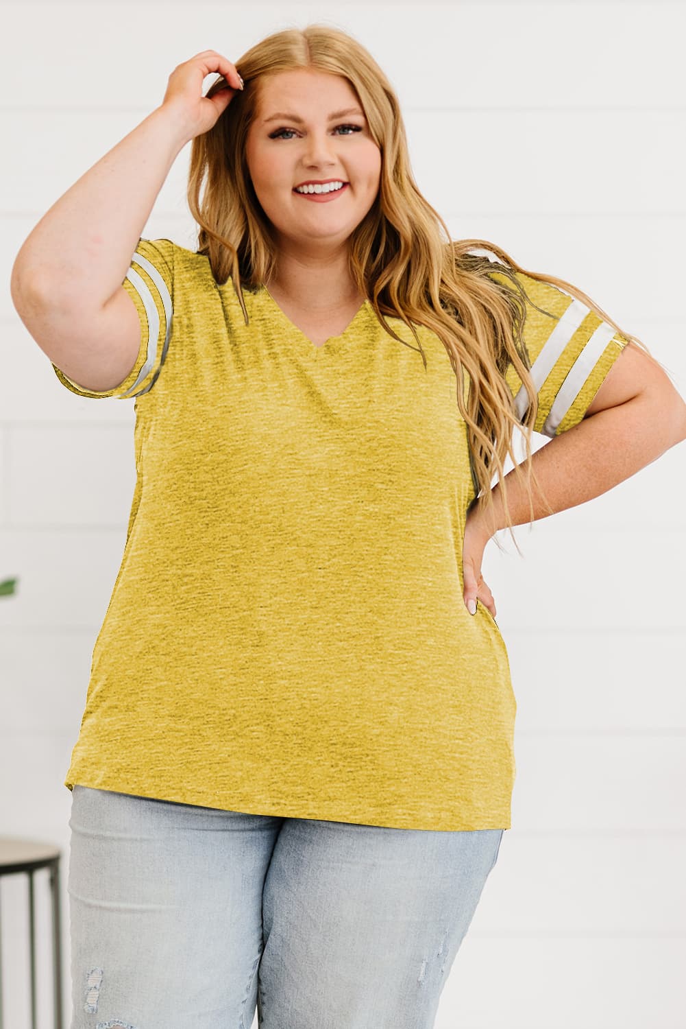 Light Gray Plus Size Striped V-Neck Tee Shirt Plus Size Clothes