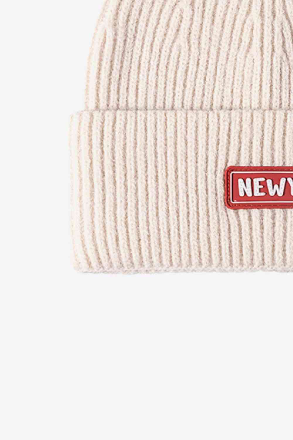Beige NEWYORK Patch Rib-Knit Cuffed Beanie Winter Accessories