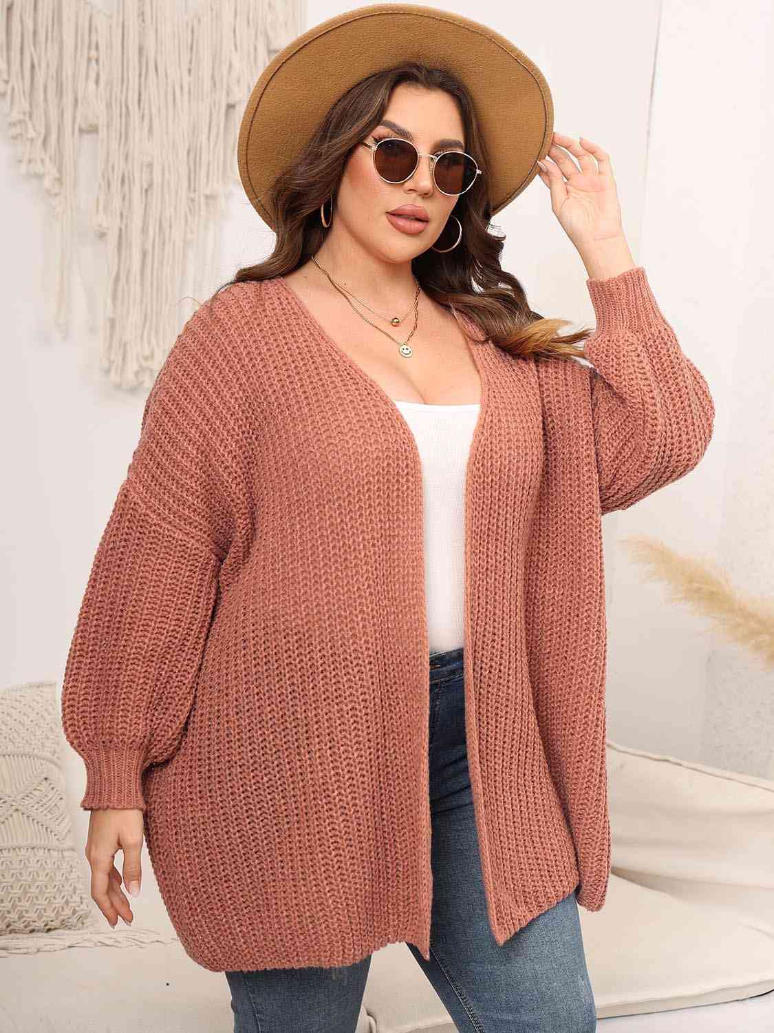 Light Gray Plus Size Open Front Dropped Shoulder Knit Cardigan Plus Size Clothes