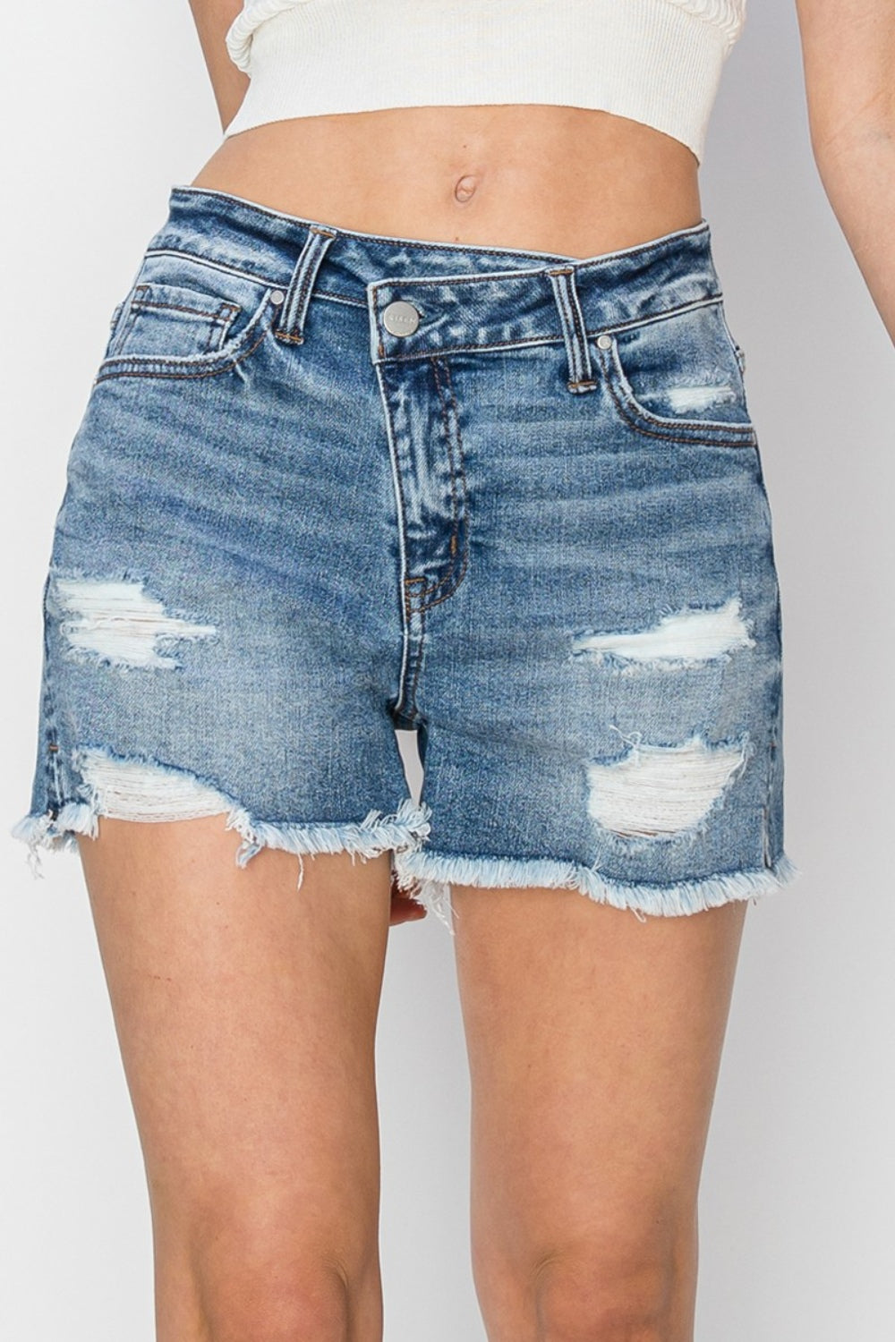 Gray RISEN Stepped Waist Frayed Denim Shorts