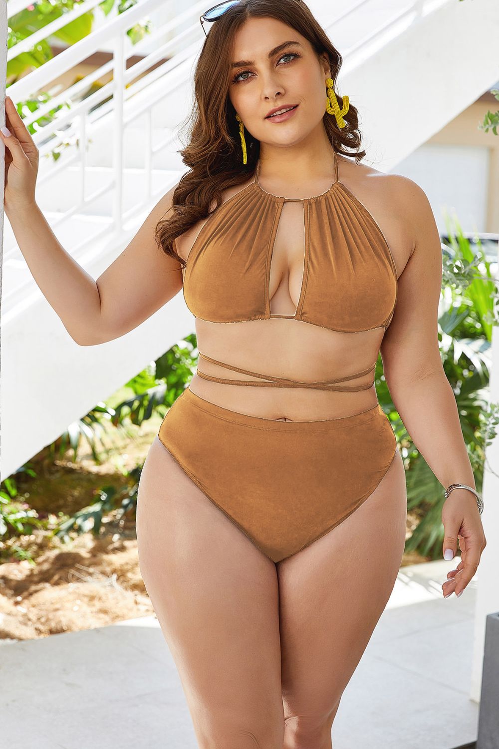Rosy Brown What’s My Name Plus Size Cutout Tied Backless Bikini Set Plus Size Swimsuits