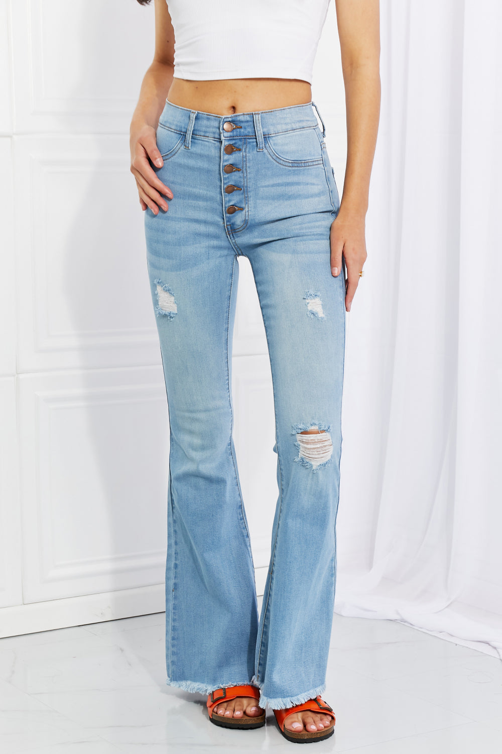 Light Gray Vibrant MIU Full Size Jess Button Flare Jeans
