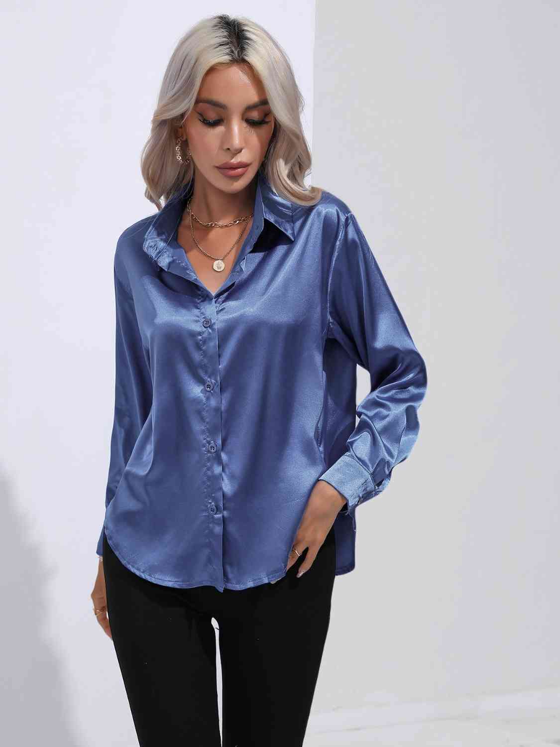Dark Slate Gray Modern Times Collared Neck Buttoned Long Sleeve Shirt Satin Tops