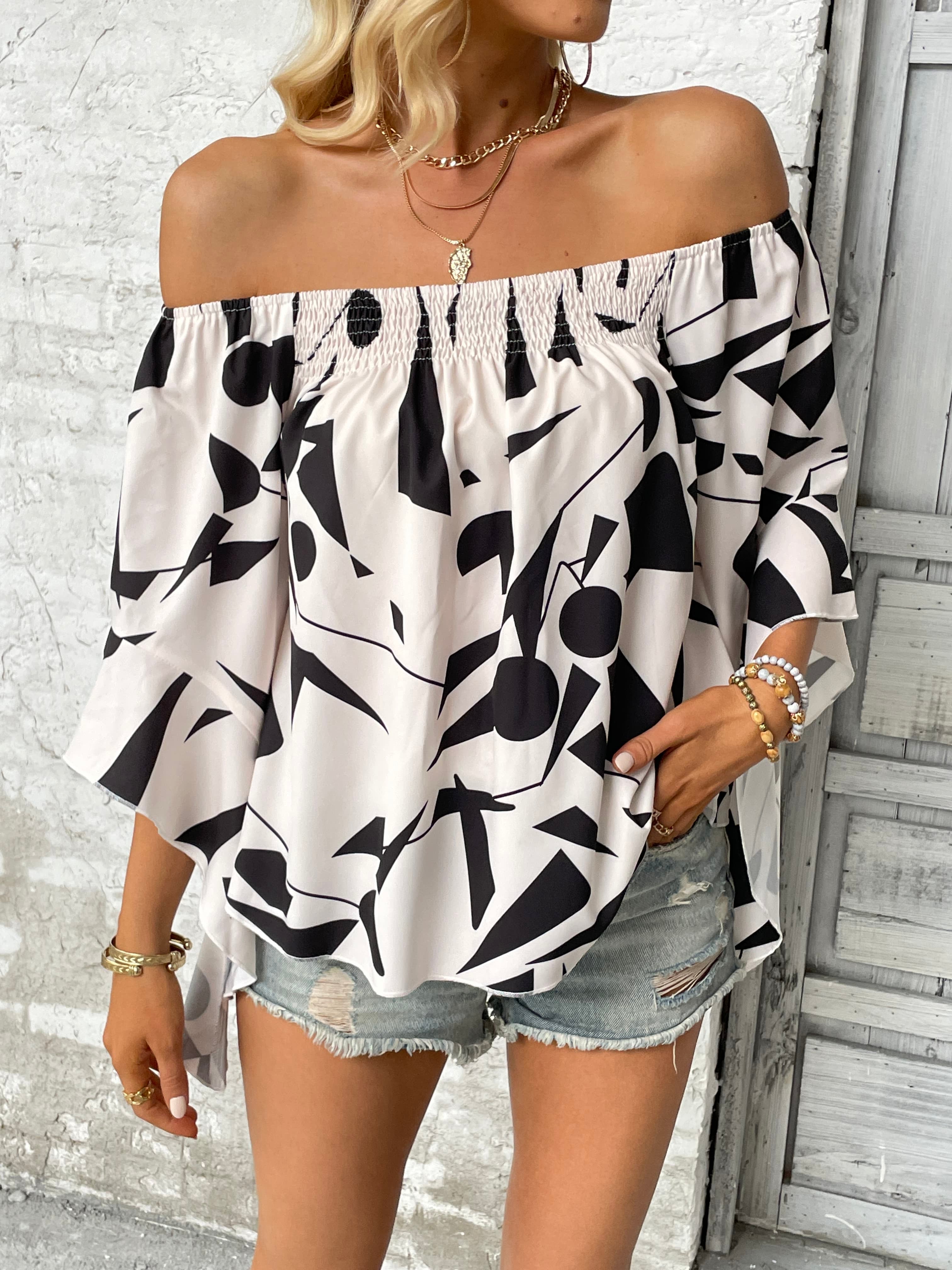 Gray Printed Off-Shoulder Bell Sleeve Blouse Tops