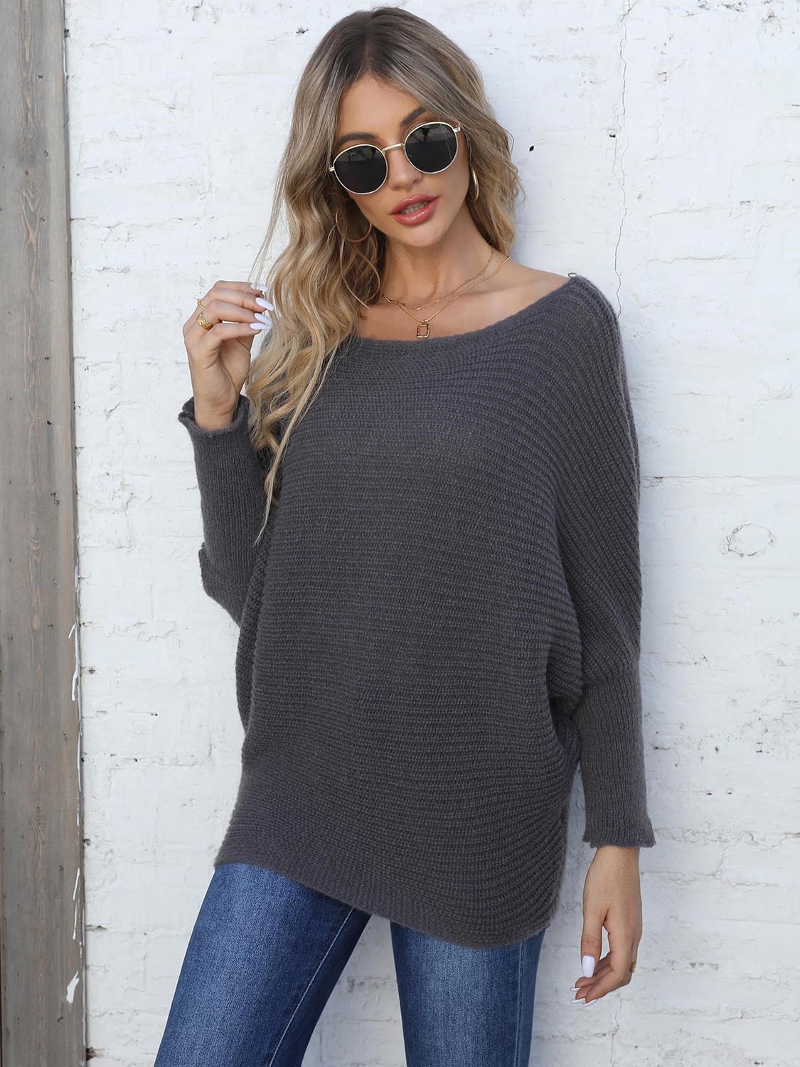 Dark Slate Gray Full Size Horizontal Ribbing Dolman Sleeve Sweater