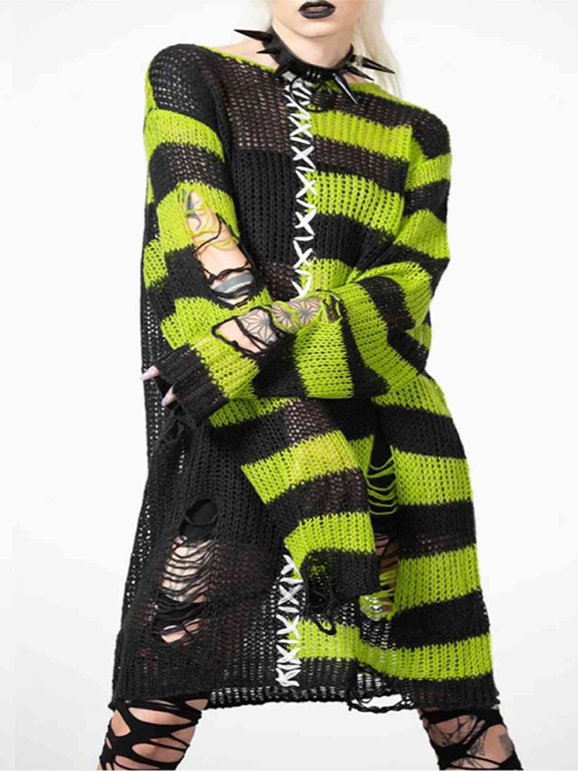 White Smoke Striped Distressed Tunic Sweater Clothing