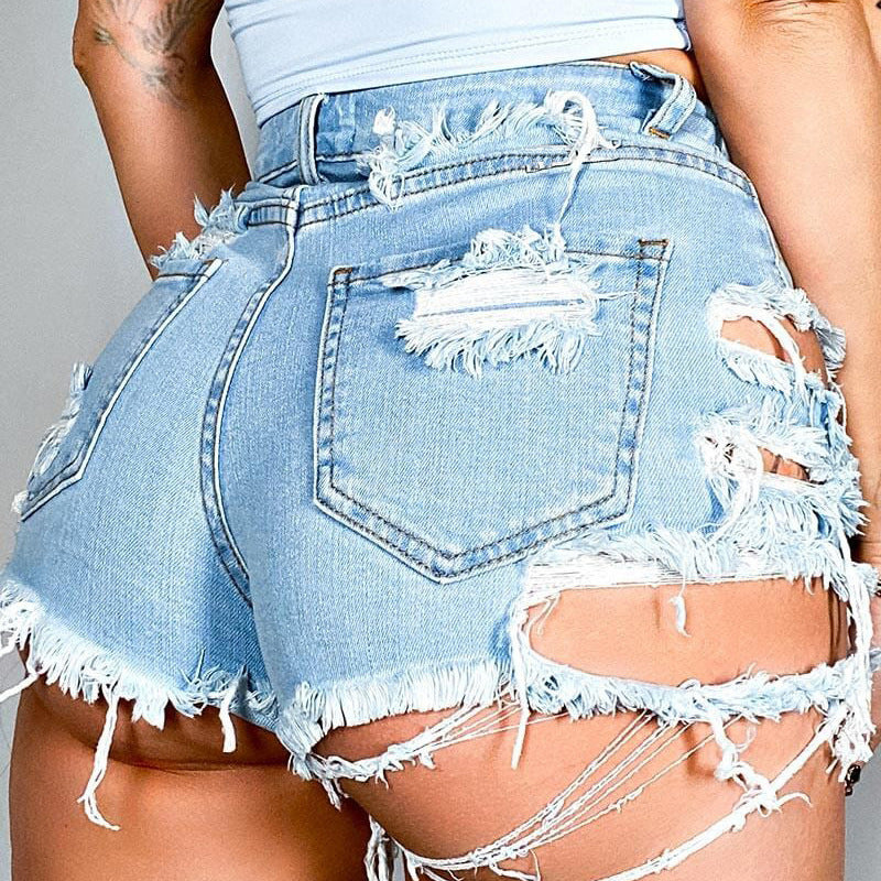 Light Gray Asymmetrical Distressed Denim Shorts Denim