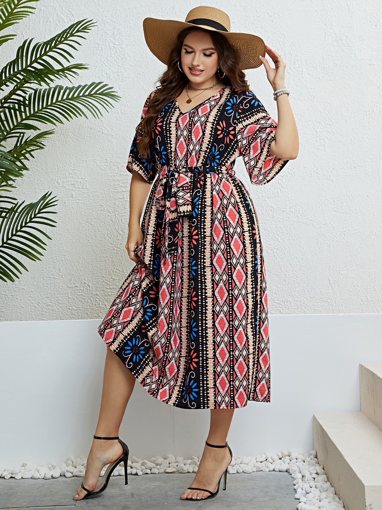 Light Gray You Are My Only Sunshine Plus Size Bohemian V-Neck Tie Belt Midi Dress Midi Dresses