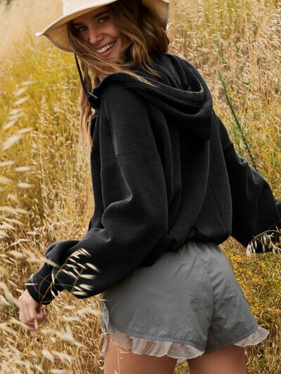 Dark Slate Gray Half Zip Pocketed Dropped Shoulder Hoodie activewear