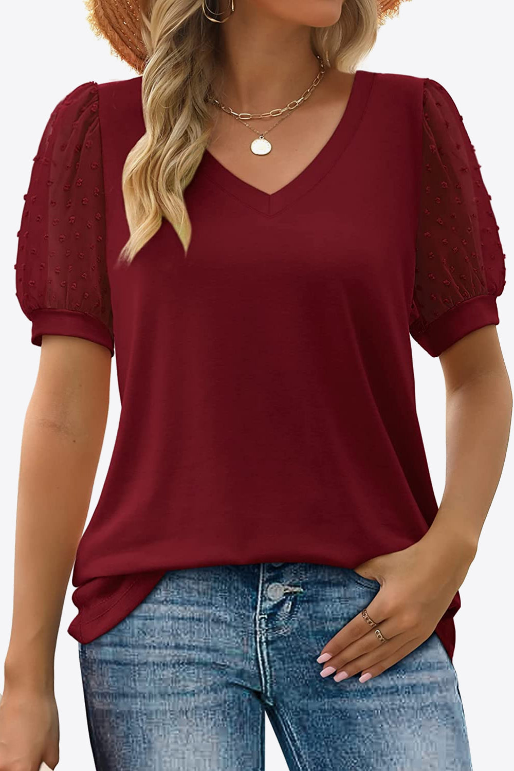 Saddle Brown Swiss Dot Puff Sleeve V-Neck Tee Tops