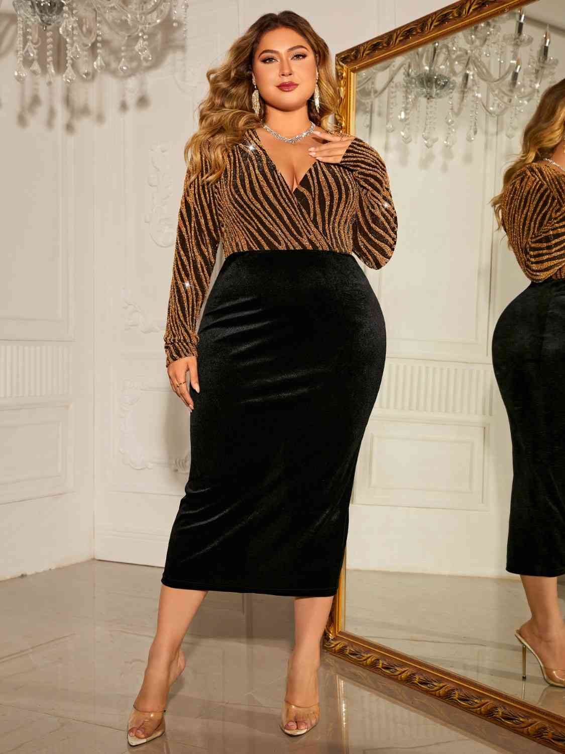 Gray It Girl Plus Size Surplice Neck Long Sleeve Slit Dress Plus Size Dresses