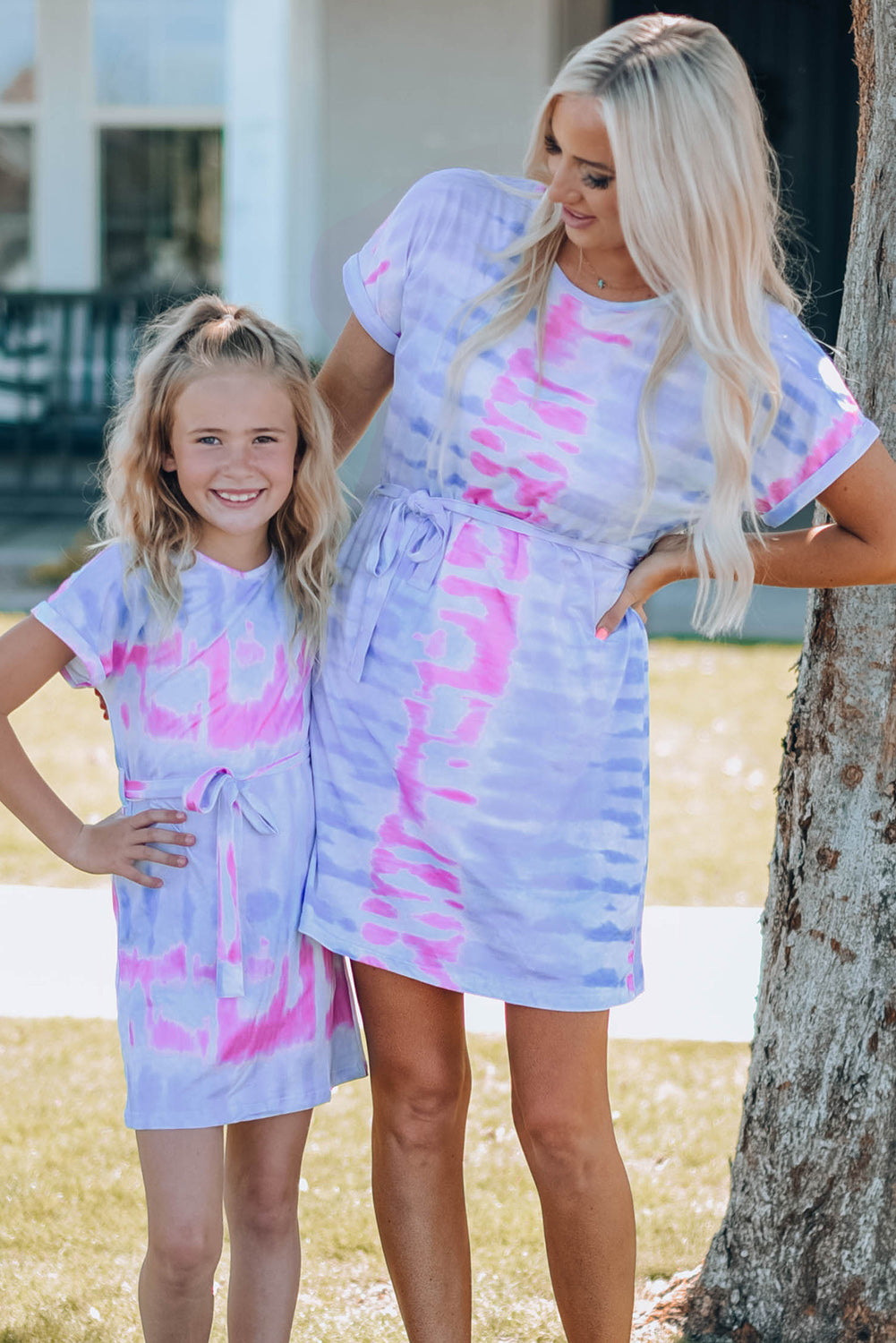 Gray Mommy & Me Women Tie-Dye Belted T-Shirt Dress Mommy & Me