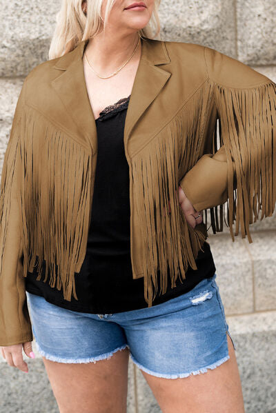 Rosy Brown Plus Size Fringe Open Front Jacket Plus Size Clothing