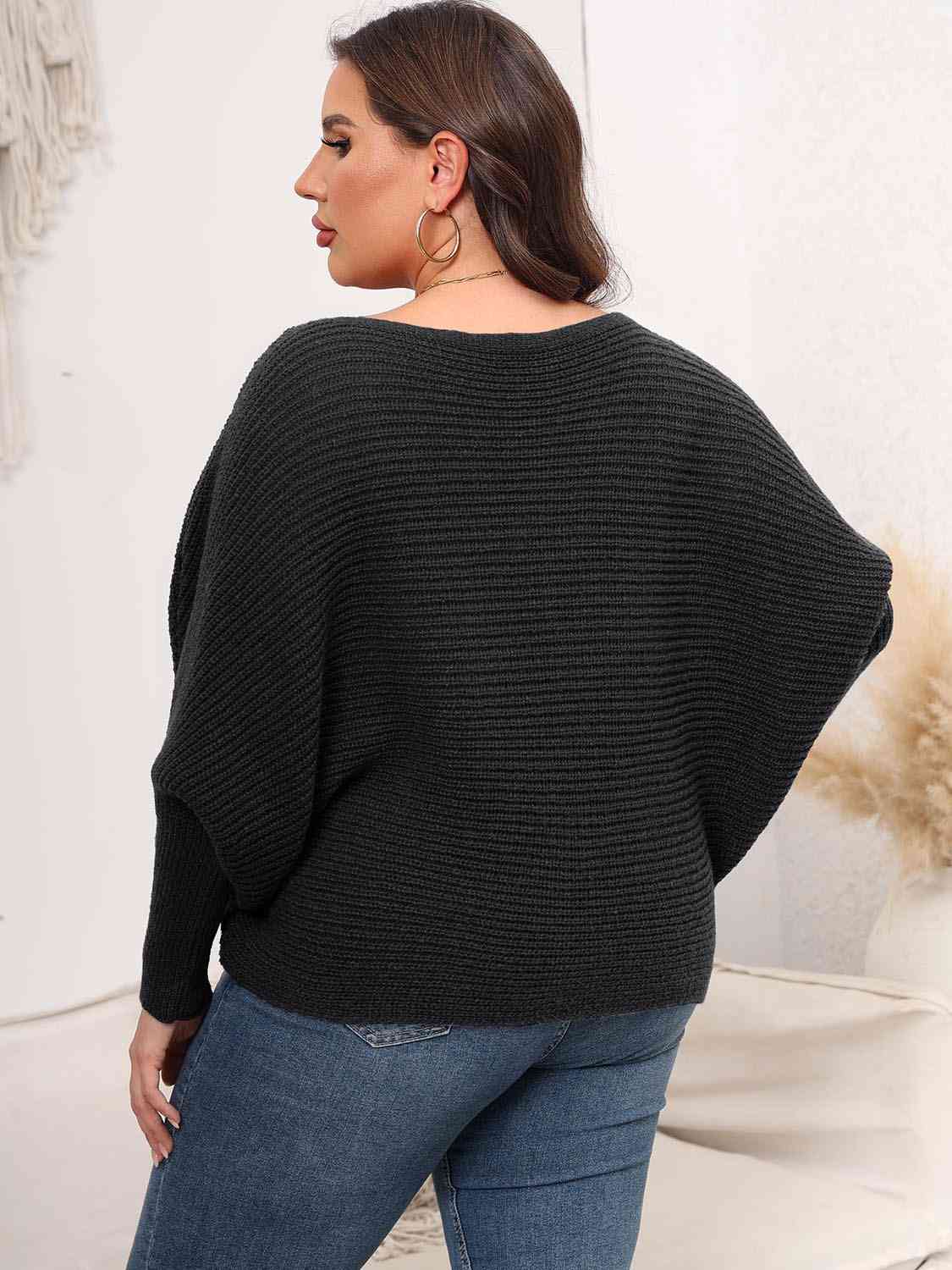 Light Gray Full Size Boat Neck Batwing Sleeve Sweater Plus Size Clothes
