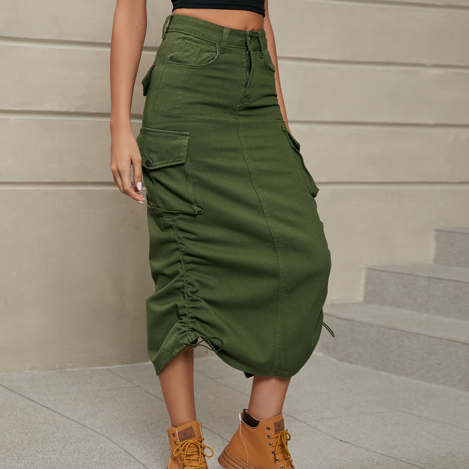 Rosy Brown Drawstring Ruched Slit Denim Midi Skirt Denim