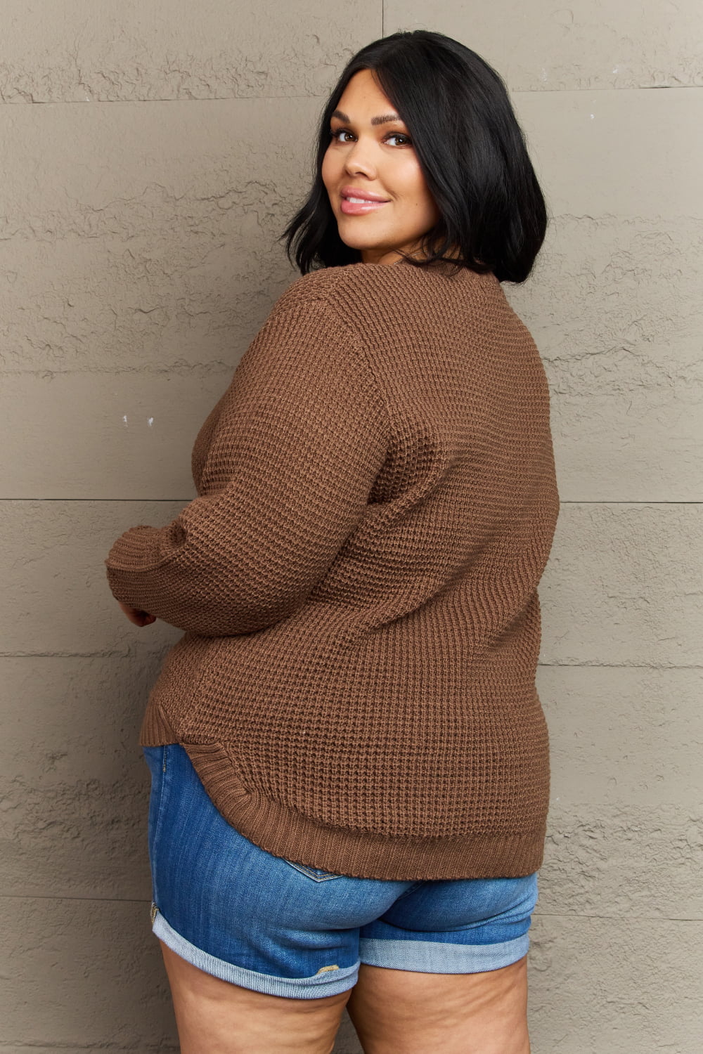 Dim Gray Zenana Breezy Days Plus Size High Low Waffle Knit Sweater Clothing