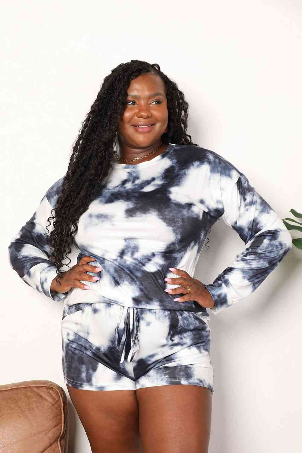 Dark Slate Gray Double Take Tie-Dye Round Neck Top and Shorts Lounge Set Loungewear