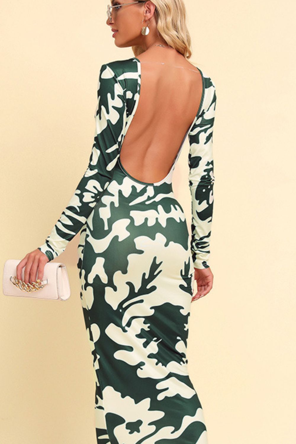 Bisque Printed Backless Long Sleeve Maxi Dress Clothes
