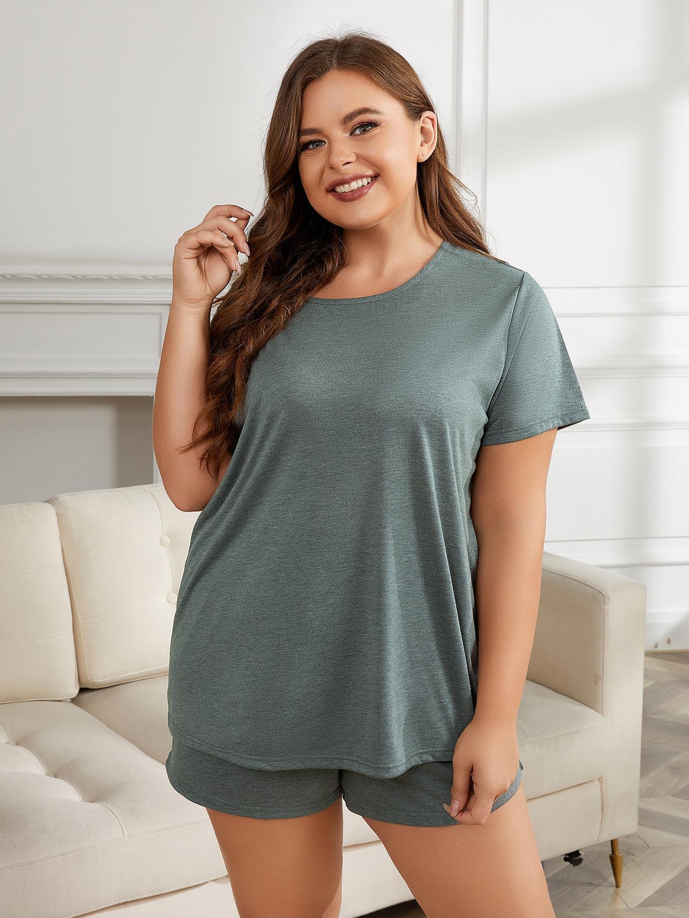 Gray Cozy Season Plus Size Round Neck Short Sleeve Two-Piece Loungewear Set Plus Size Loungewear