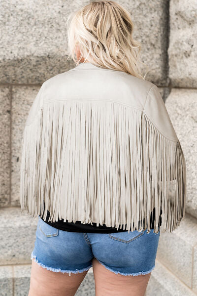 Gray Plus Size Fringe Open Front Jacket Plus Size Clothing