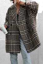 Dark Slate Gray Houndstooth Collared Neck Long Sleeve Coat with Pockets Coats & Jackets