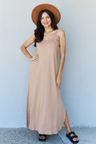 Gray Ninexis Good Energy Full Size Cami Side Slit Maxi Dress in Camel Dress