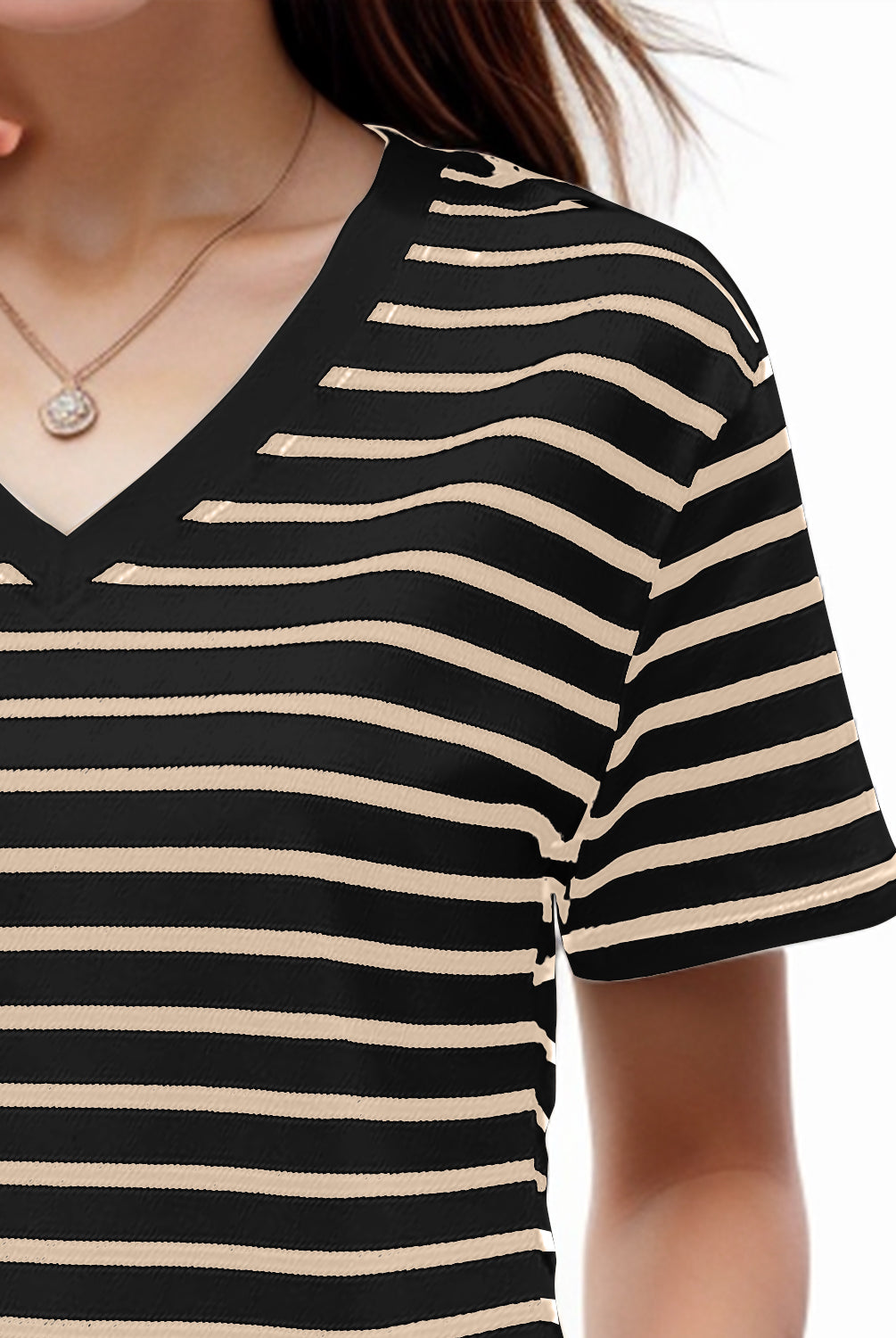 Black Plus Size Striped V-Neck Short Sleeve T-Shirt Vacation
