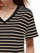 Black Plus Size Striped V-Neck Short Sleeve T-Shirt Vacation