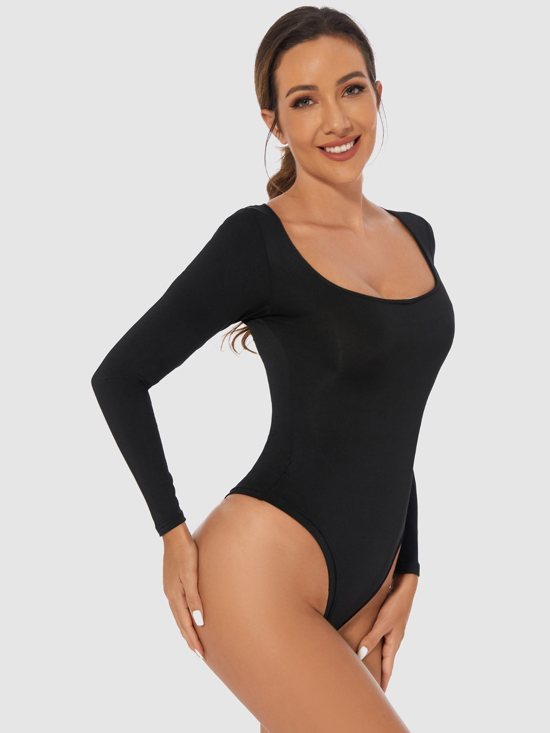 Black Full Size Scoop Neck Long Sleeve Bodysuit Trends