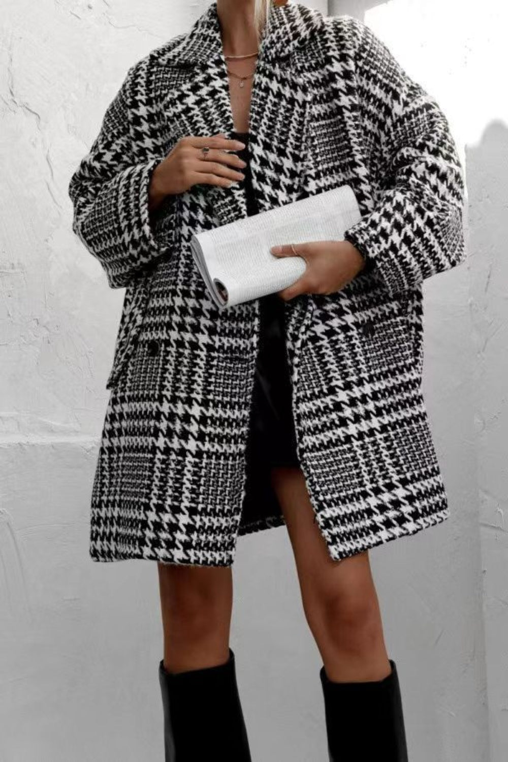 Dark Gray Houndstooth Collared Neck Long Sleeve Coat with Pockets Coats & Jackets