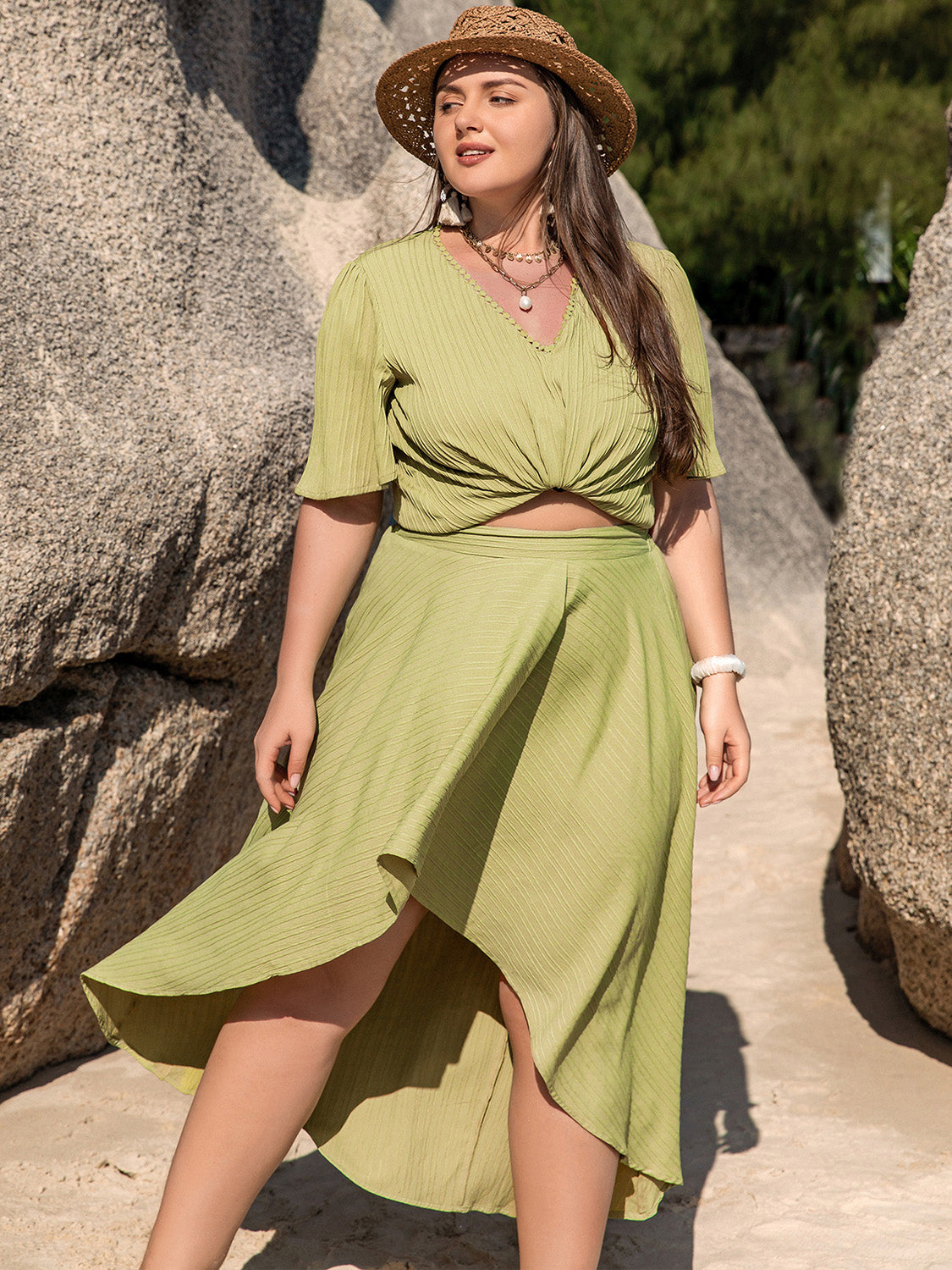 Tan Plus Size V-Neck Half Sleeve Top and High-Low Skirt Set
