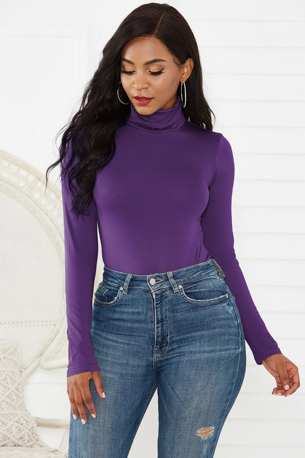 Lavender Turtleneck Long Sleeve Bodysuit Trends